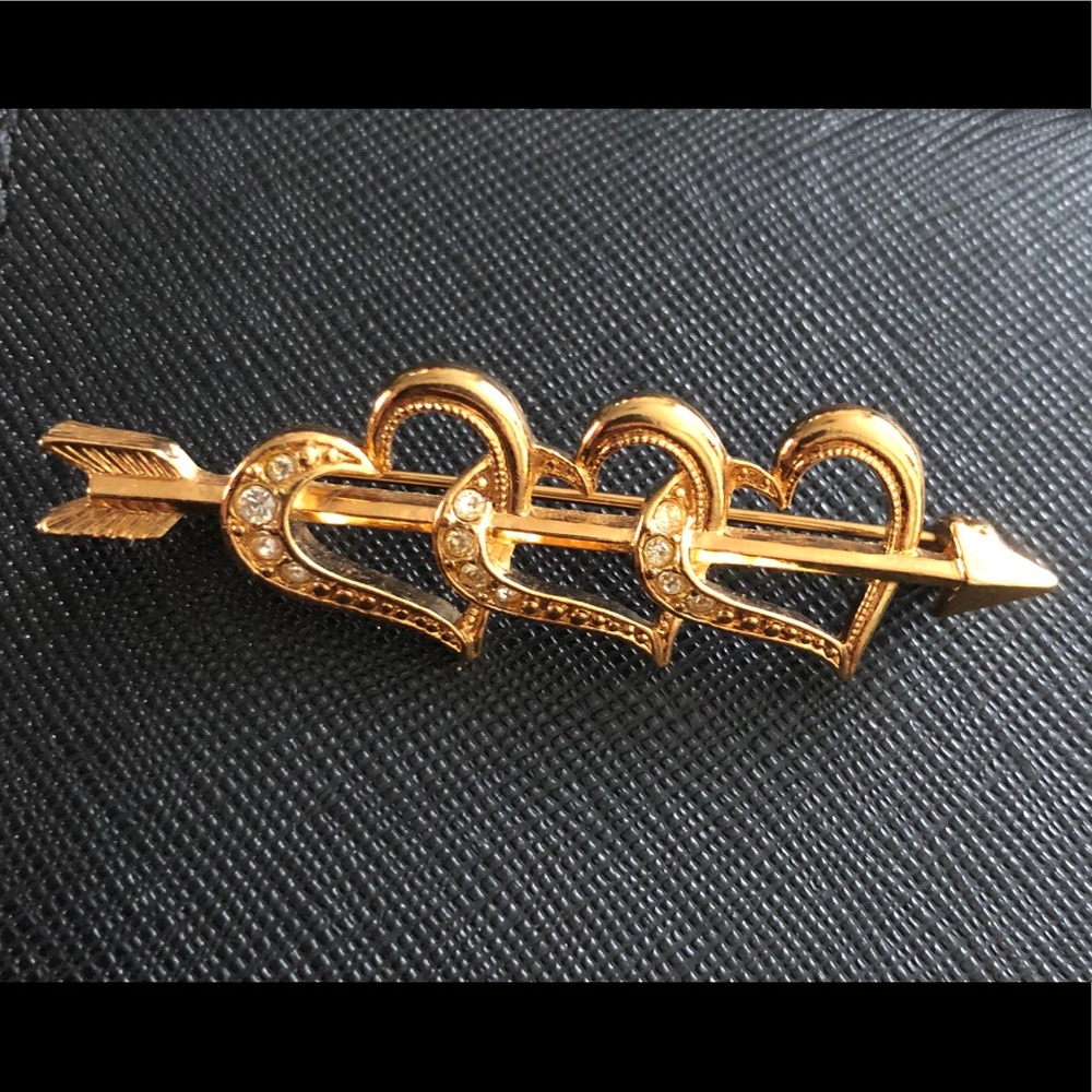 Gold Triple Heart & Arrow W Rhinestone Brooch Pin